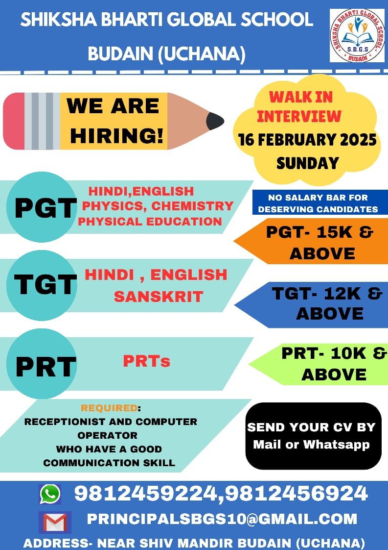 School Jobs at  Shiksha Bharti Global School ,  Jind